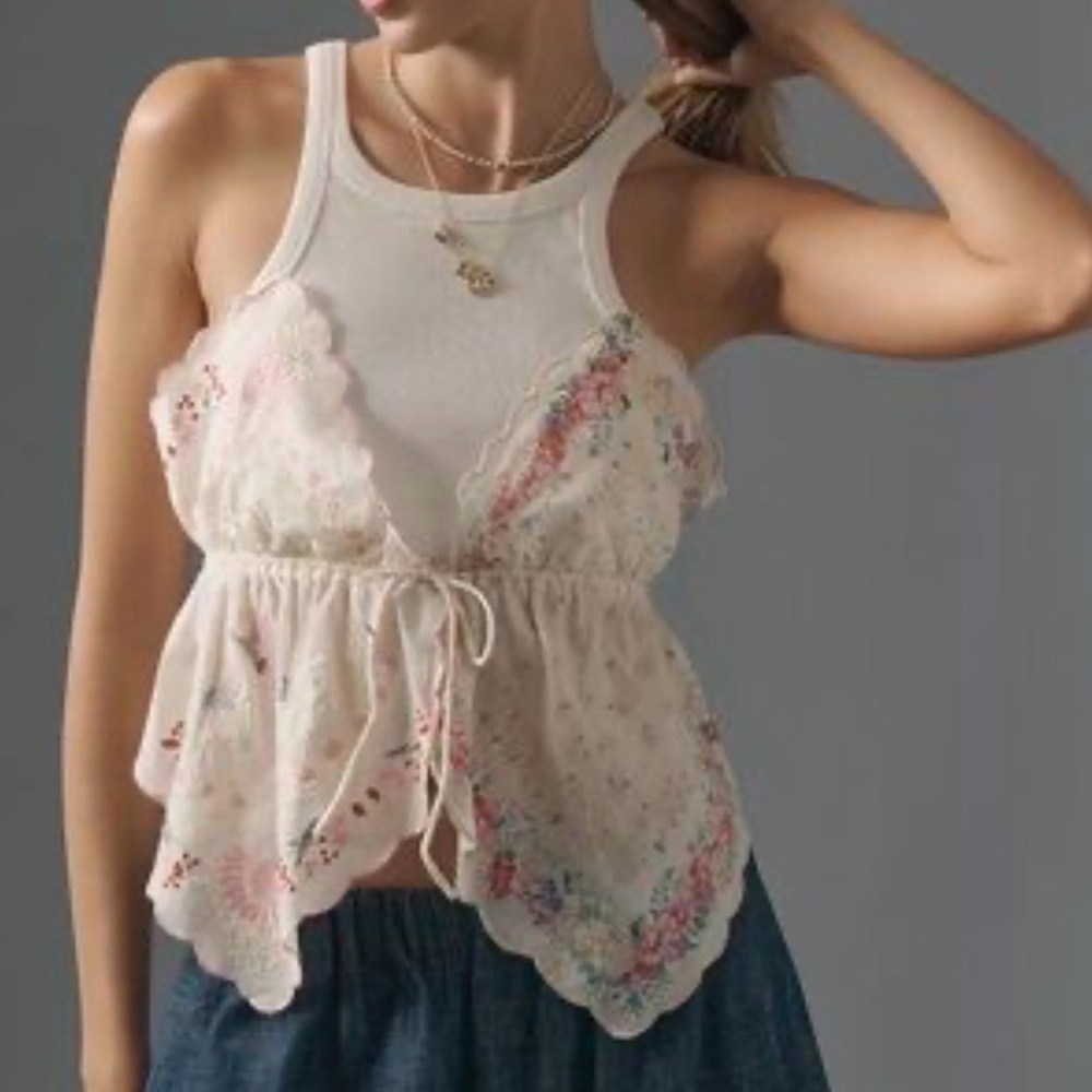 Anthropologie White Floral Embroidered Tank Top